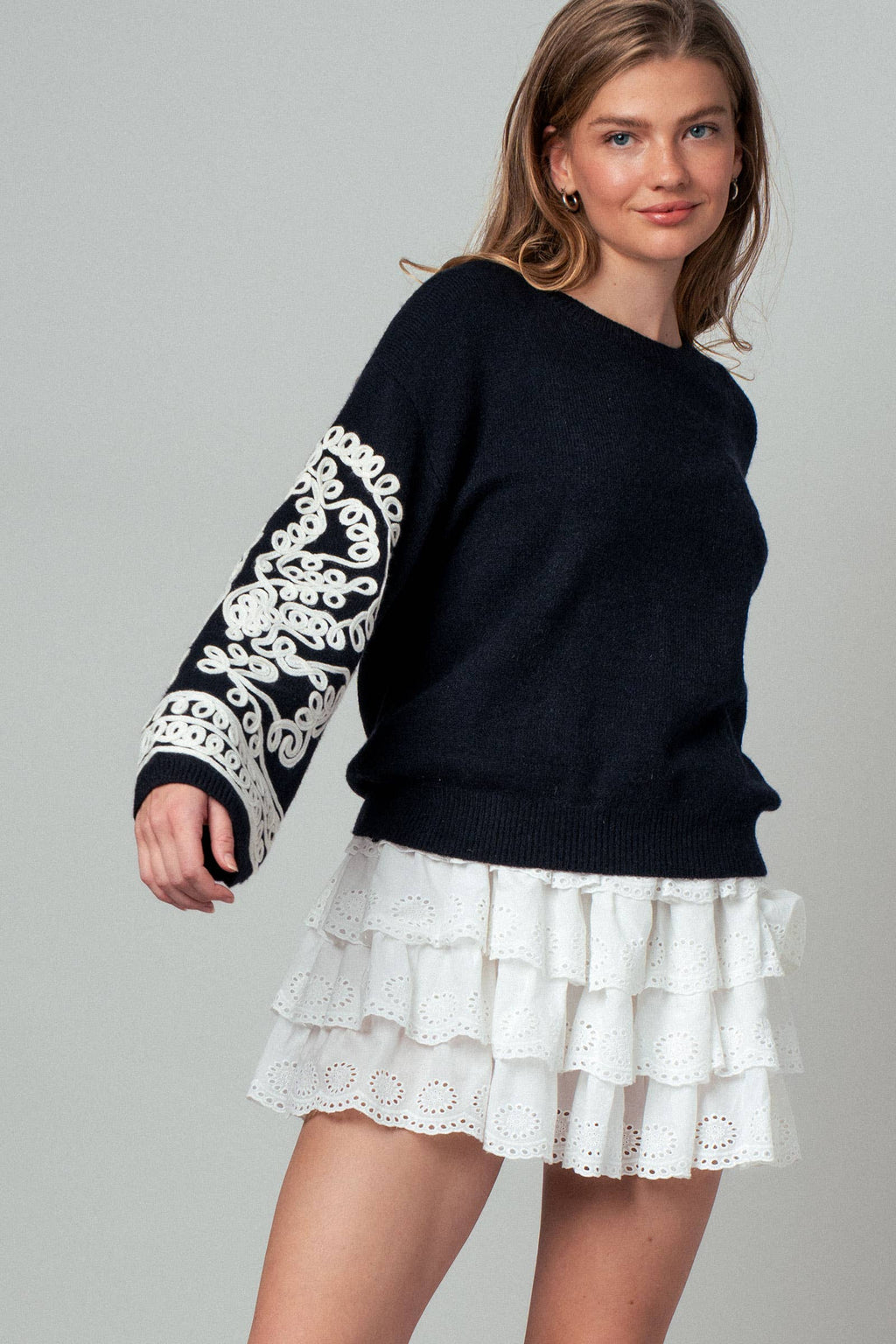 Embroidered Sleeve Ivory Knit Sweater