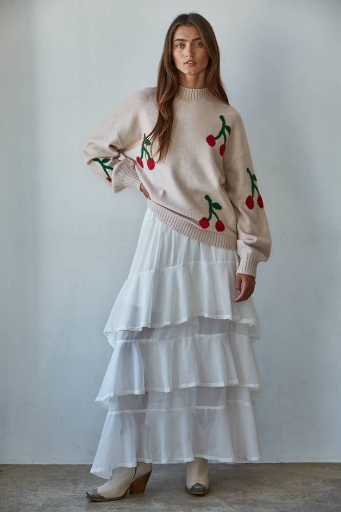 Cherry Detail Mock Neck Sweater