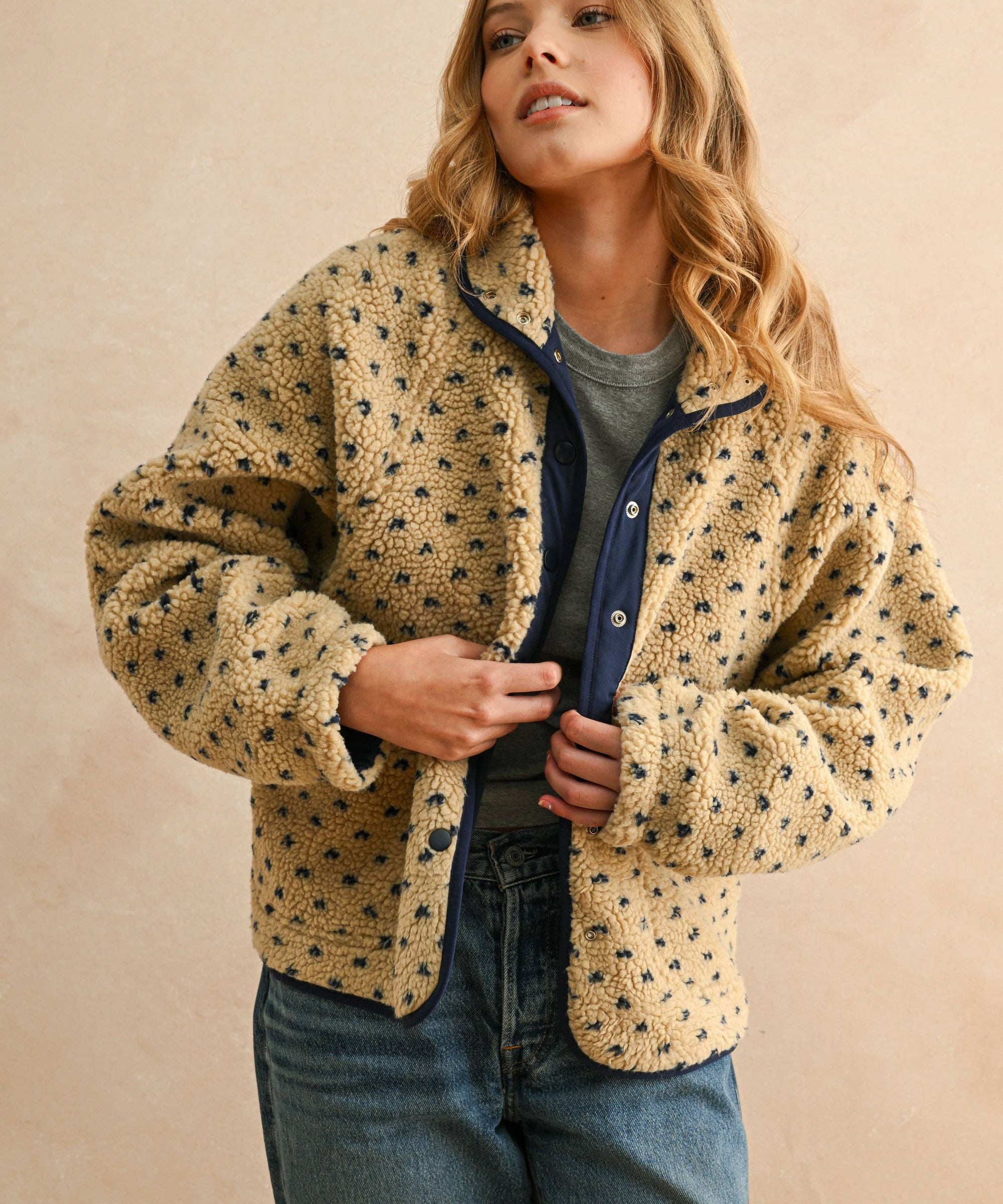 Button Front Polka Dot Sherpa Jacket