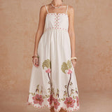 Embroidered Palm & Floral Scalloped Midi Dress