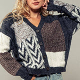 Patchwork Cable Knit V Neck Cardigan