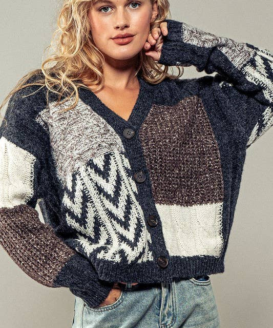 Patchwork Cable Knit V Neck Cardigan