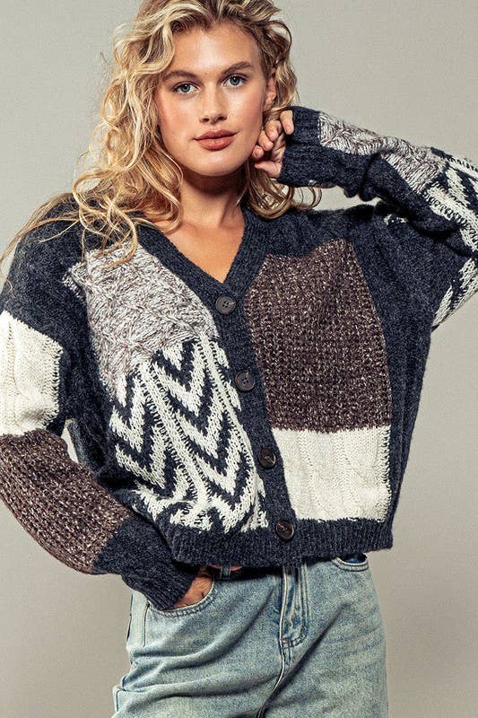 Patchwork Cable Knit V Neck Cardigan