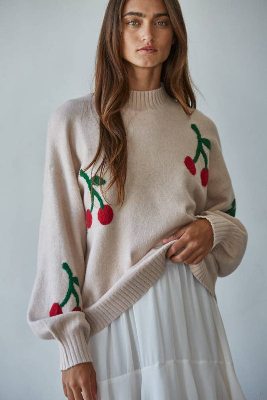 Cherry Detail Mock Neck Sweater