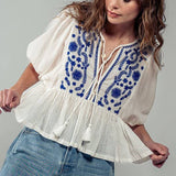 Blue & White Tassel Ruffled Blouse