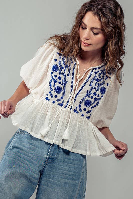 Blue & White Tassel Ruffled Blouse