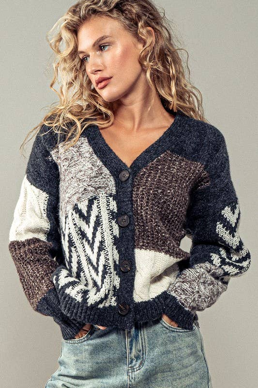 Patchwork Cable Knit V Neck Cardigan