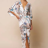 Printed Front Twist Plunging Maxi Dress