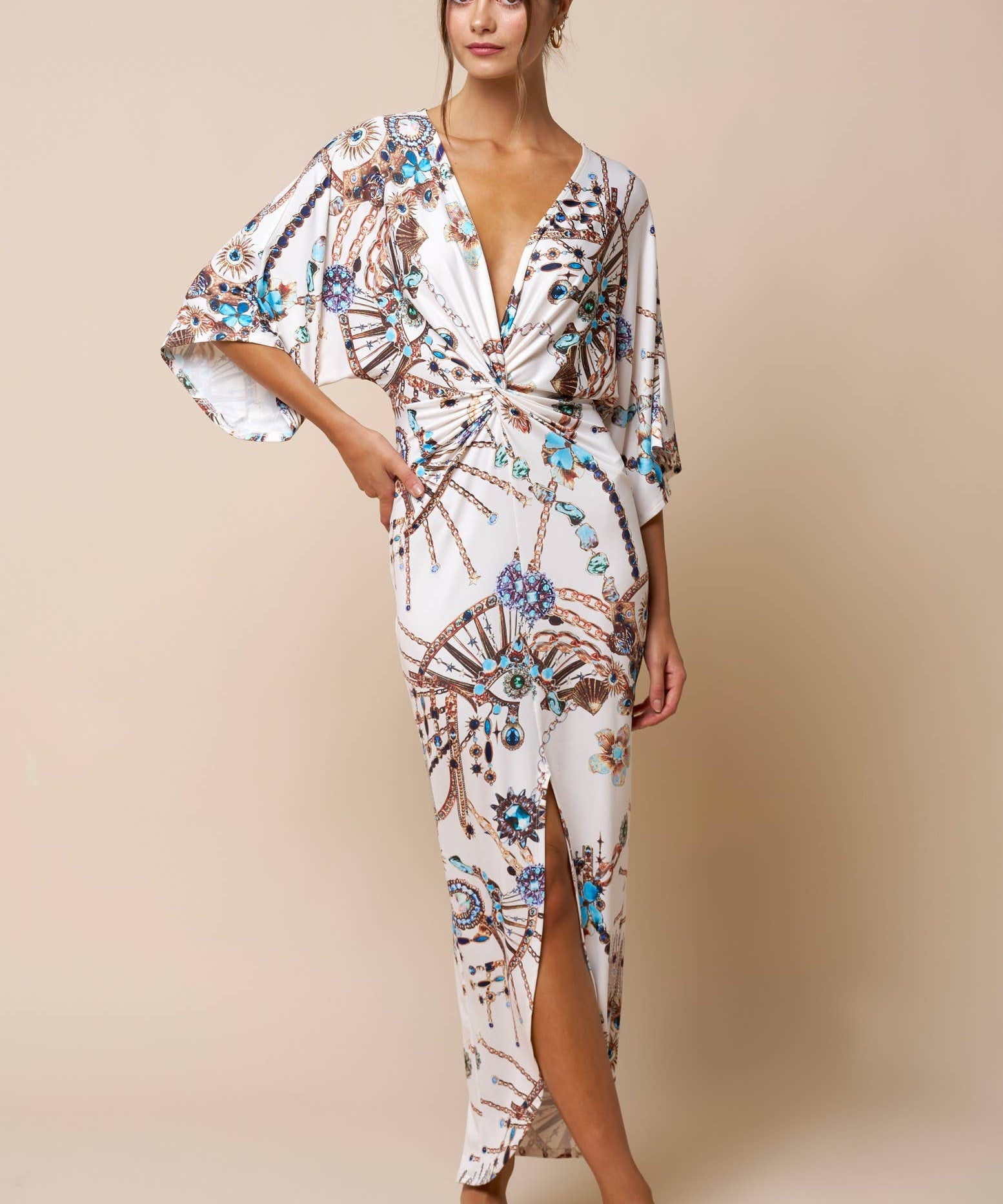 Printed Front Twist Plunging Maxi Dress