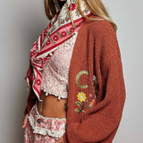 Multicolor Floral Embroidery PEACE Letter Knit Cardigan