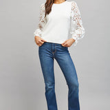 CONTRAST FLORAL LACE PUFF SLV CREW NECKLINE SWEATER FW11191