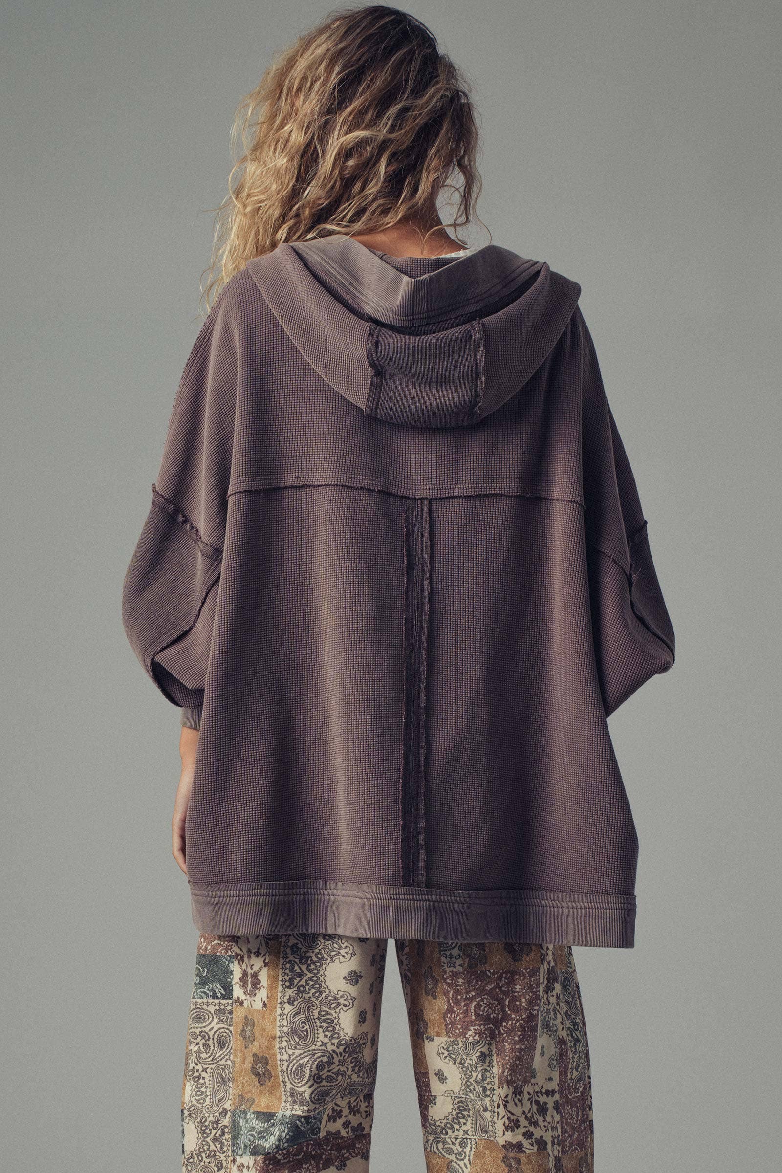 Washed Waffle Knit Hooded Cardigan