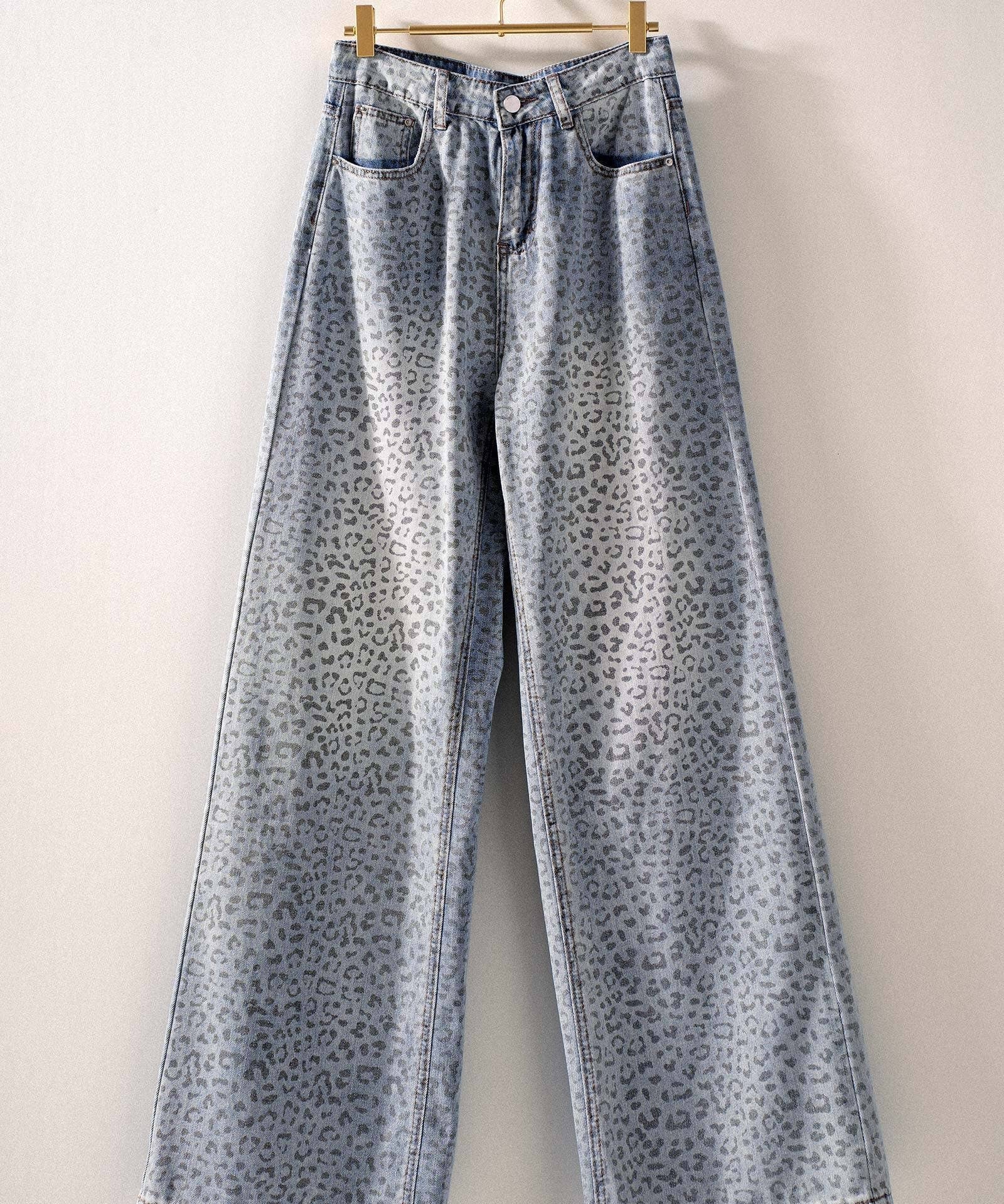 Leopard Print Wide-Leg Denim Pants