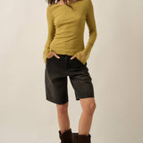 Solid Ribbed Knit Long-Sleeve Lace-Cuff Fitted Top