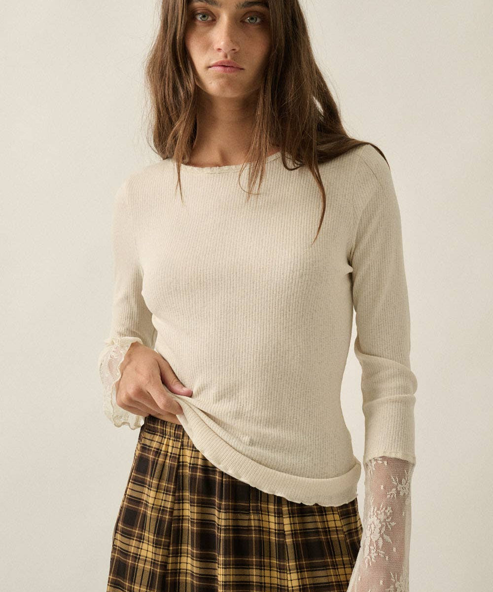 Solid Ribbed Knit Long-Sleeve Lace-Cuff Fitted Top