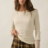 Solid Ribbed Knit Long-Sleeve Lace-Cuff Fitted Top