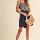 ID10176 SCALLOP APLIQUE CRISS CROSS BACK FLARE MINI DRESS