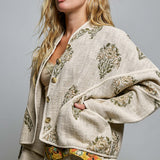 Cropped Quilted Band Collar Contrast Piping Linen Jacket