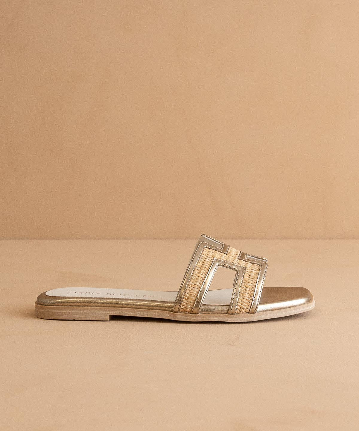 The Ena | Gold H Cutout Raffia Slide