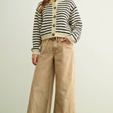 J6774   STRIPED PATTERN BUTTON FRONT KNITTED CARDIGAN