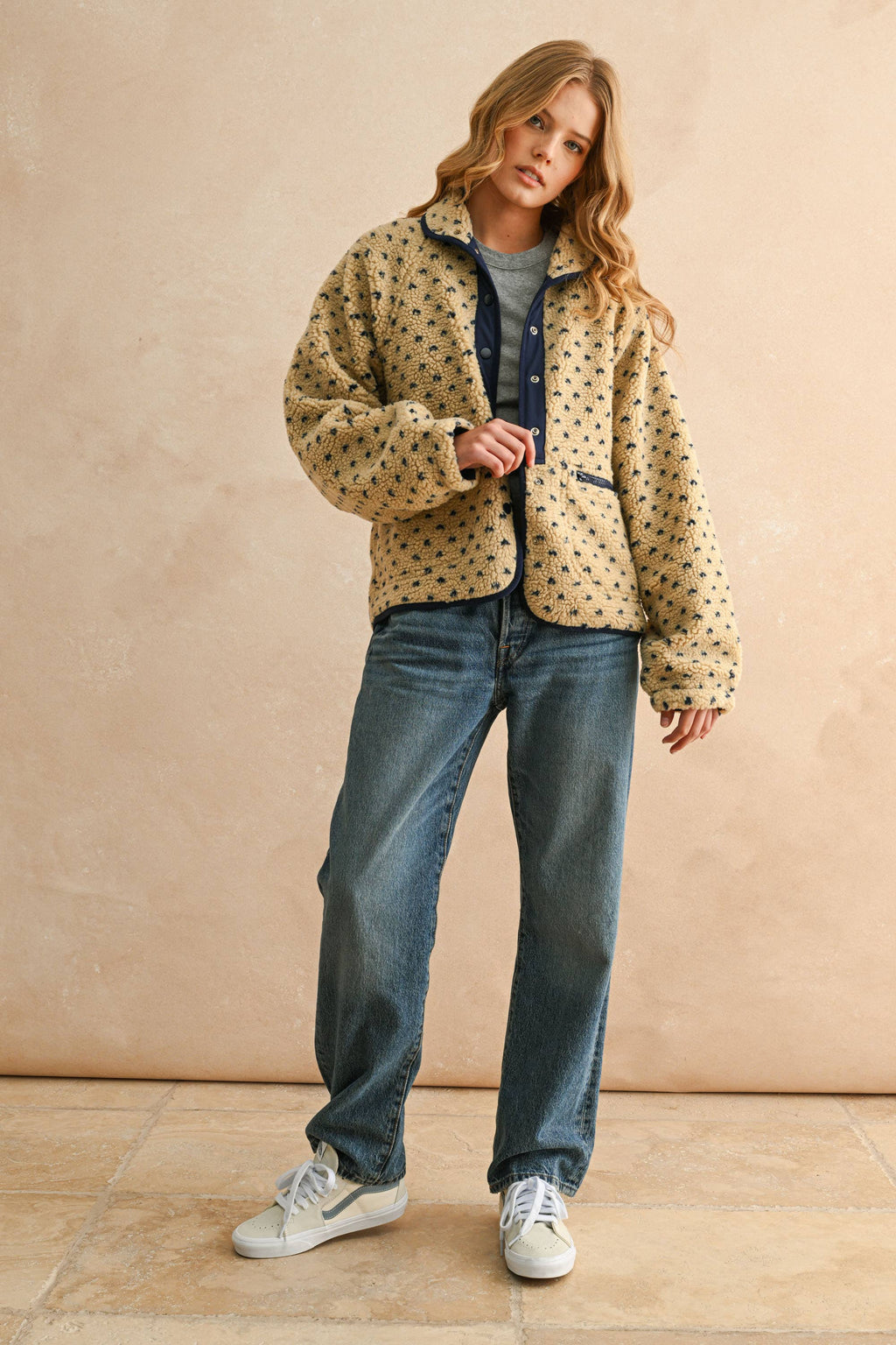 Button Front Polka Dot Sherpa Jacket