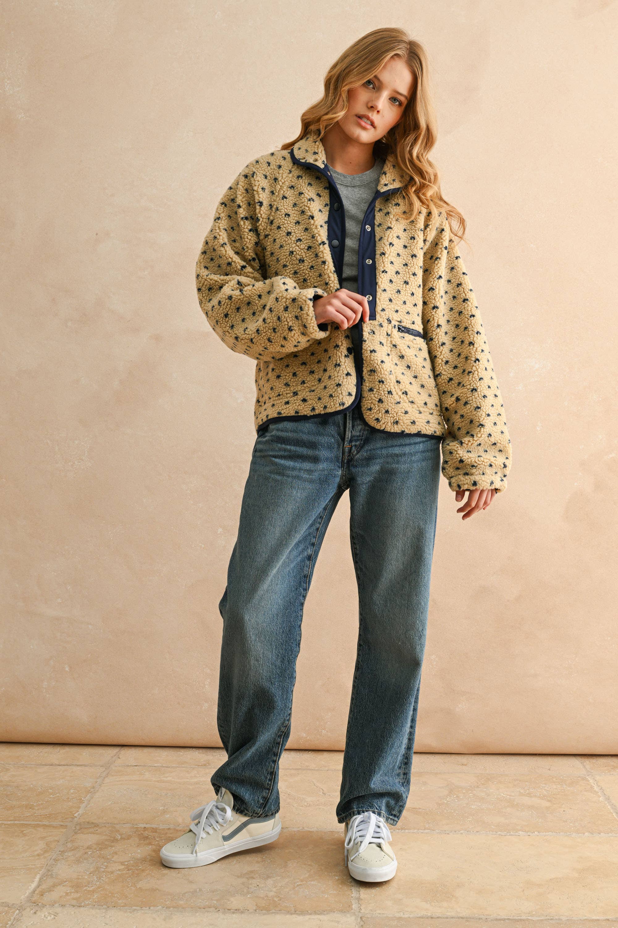 Button Front Polka Dot Sherpa Jacket