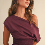 ID9559  OFF SHOULDER SMOCKED WAIST MINI DRESS