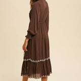 Smocked Neck Embroidered Midi Dress