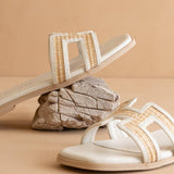 The Ena | White H Cutout Raffia Slide