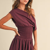 ID9559  OFF SHOULDER SMOCKED WAIST MINI DRESS