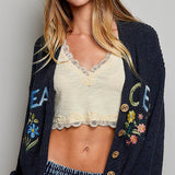 Multicolor Floral Embroidery PEACE Letter Knit Cardigan