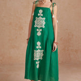 Floral Embroidered Sleeveless Tassel Tie Strap Midi Dress