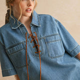 Suede Lace Up Denim Shirt Dress
