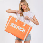"Beach" Embroidered Fringe Tote Bag