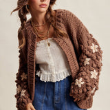 Hand Knit Floral Bobble Sleeve Cardigan LSW1097
