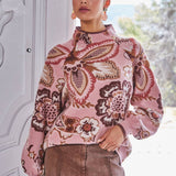 BOLD FLORAL &amp; PAISLEY PATTERN FUNNEL NECKLINE SWEATER FW