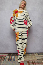 Striped Pattern Floral Detail Lounge Pants