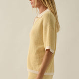 Striped Rib-Knit Collared Split-Neck Top