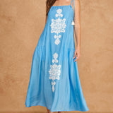 Floral Embroidered Sleeveless Tassel Tie Strap Midi Dress