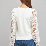 CONTRAST FLORAL LACE PUFF SLV CREW NECKLINE SWEATER FW11191