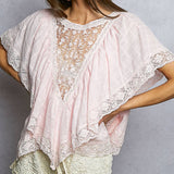 Lace Trim V Ruffle Detail Textured Woven Short Sleeve Top