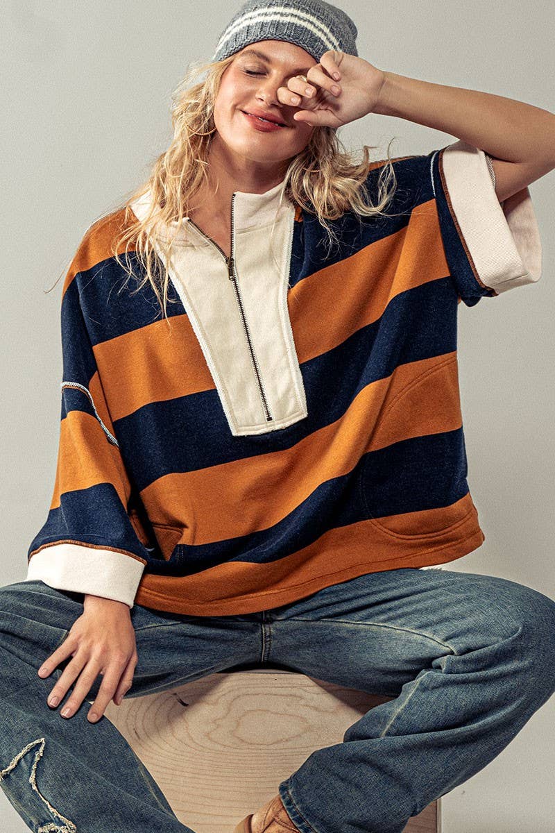 Half-Zip Bold Stripe Sweatshirt
