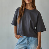 L8688 | Knit Cotton Crew Neck Drop Shoulder Short Sleeve Top