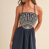 ID10176 SCALLOP APLIQUE CRISS CROSS BACK FLARE MINI DRESS