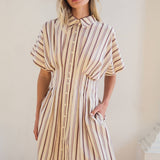 Stripe Dolman-Sleeve Button-Front Mini Dress - RD1361