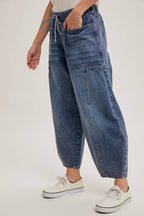 Denim Drawstring Barrel Jeans