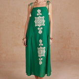 Floral Embroidered Sleeveless Tassel Tie Strap Midi Dress