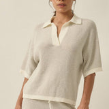 Striped Rib-Knit Collared Split-Neck Top