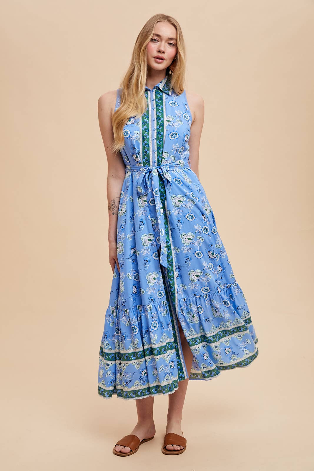 Printed Lapel Button Down Maxi Dress