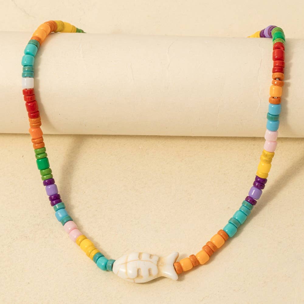 Fish Pendant Vibrant Mixed Beaded Necklace